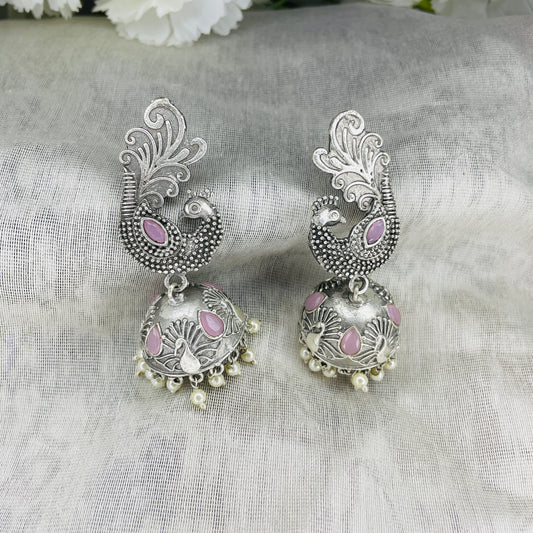 Antique peacock silver pearl jhumkis