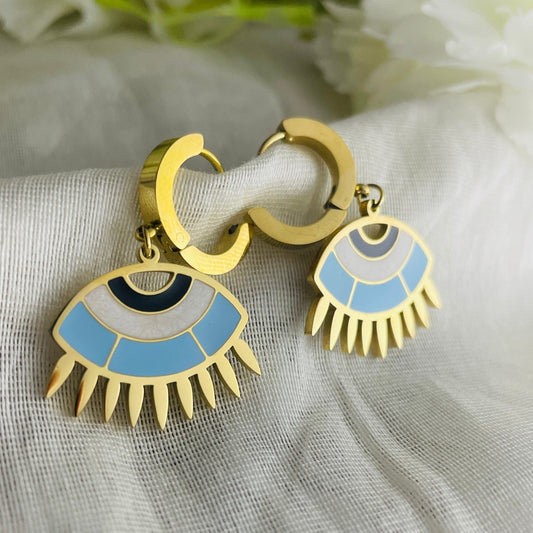 Gold spike evil eye drop earrings